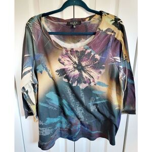 B.L.E.U. 1X Woman's Brown Tan Green Patterned Blouse‎ Shirt Sequined Beaded